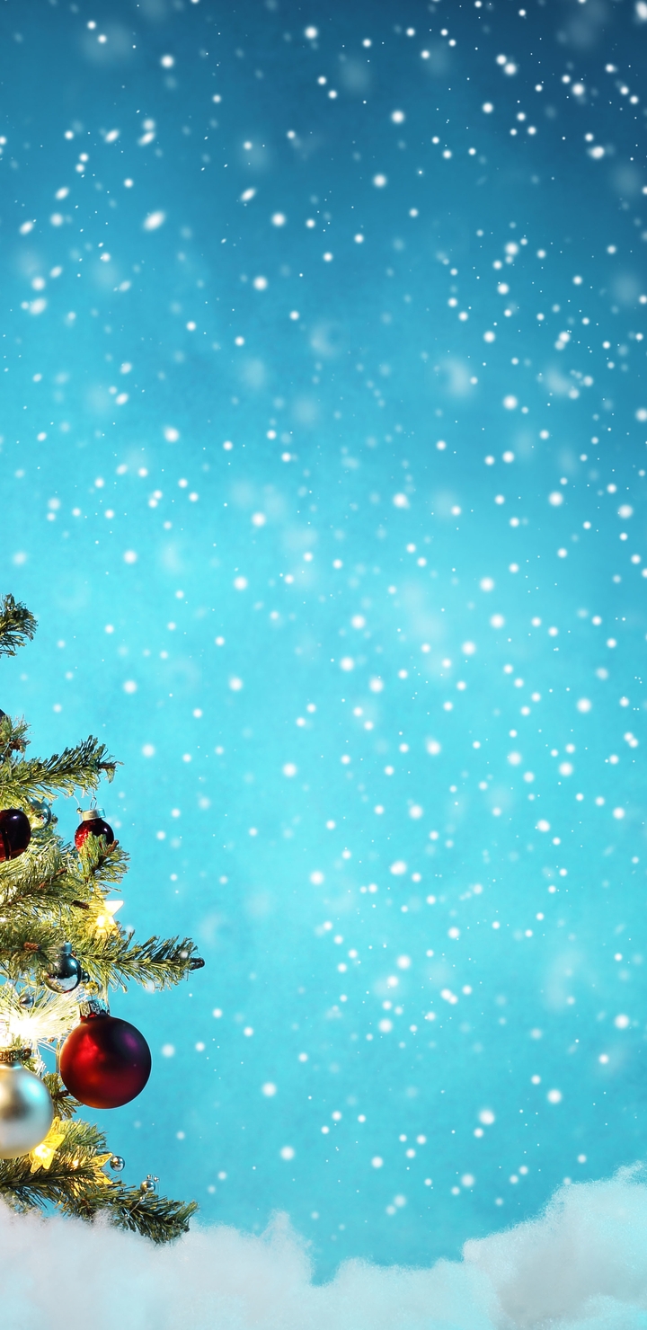 Image: Tree, holiday, new year, decorations, star, balls, toys, snow, falling, winter