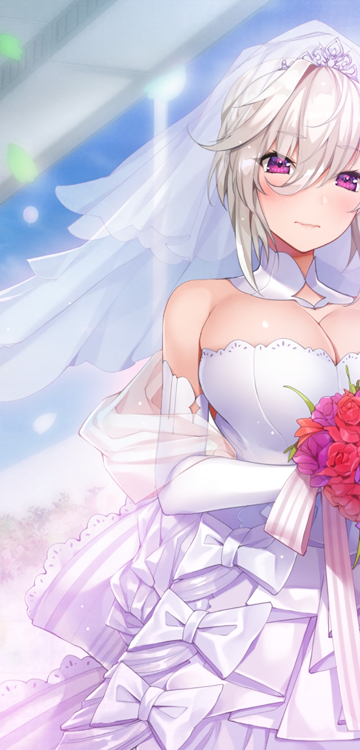 Картинка: Девушка, платье, свадьба, аниме, букет, цветы, листья, грудь