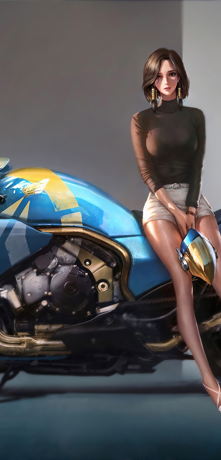 Image: Girl, Pharah, game, Overwatch, bike, background, art, legs, helmet, look