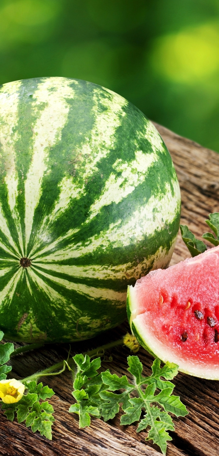 Image: Watermelon, striped, green, ripe, seeds, slice, cut, harvest, leaves, boards