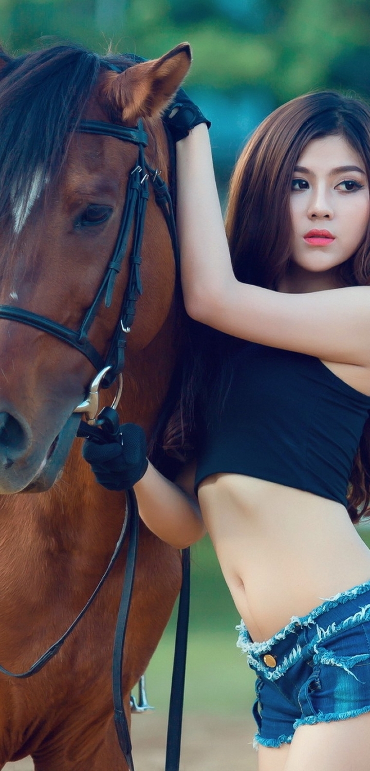 Картинка: Девушка, азиатка, волосы, глаза, макияж, лошадь
