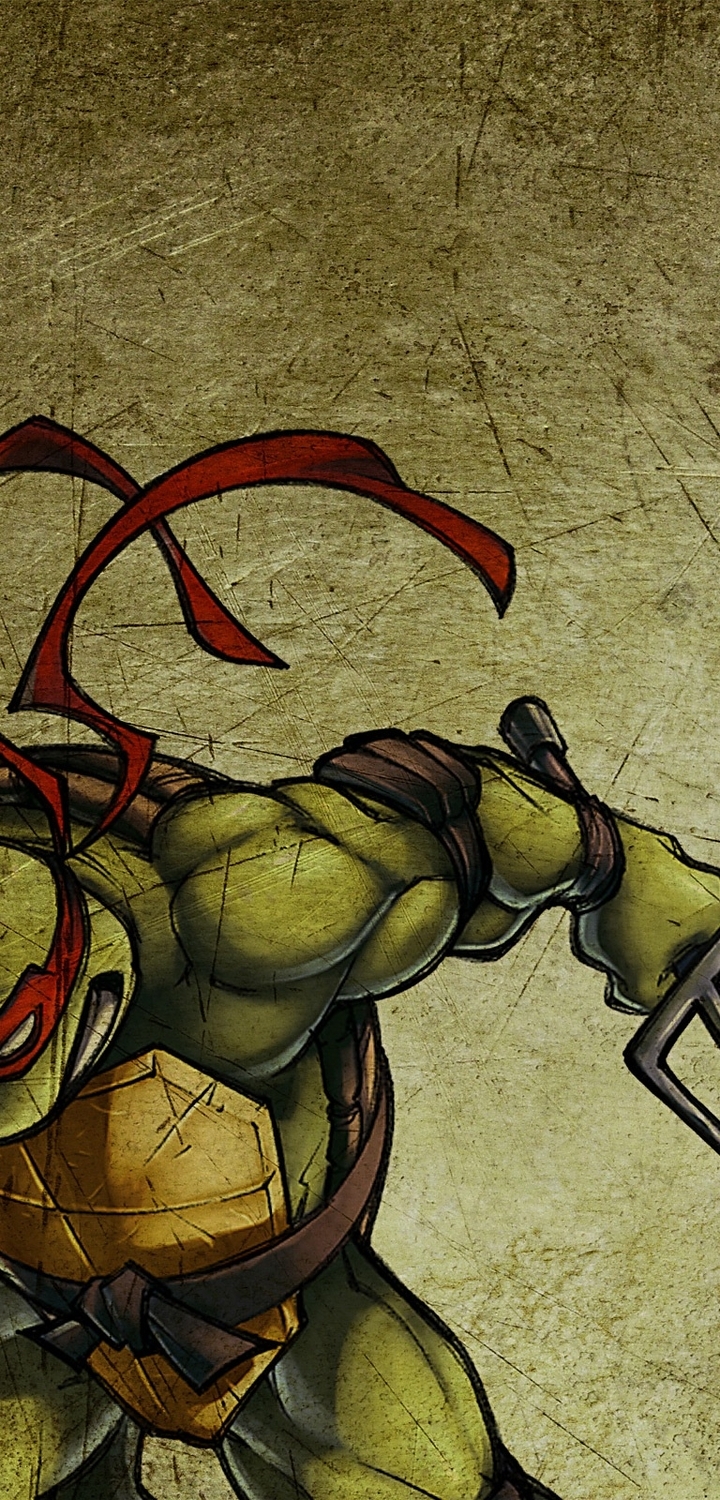 Картинка: Черепашка, ниндзя, Рафаэль, повязка, красный, злой, текстура, зелёный, золотистый, линия, оружие, саи