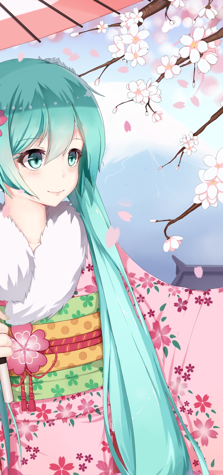 Картинка: Девушка, Hatsune Miku, цветущая, сакура, лепестки, кимоно, волосы, зонтик, vocaloid