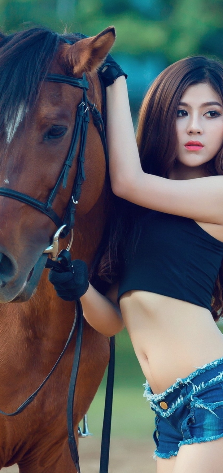 Картинка: Девушка, азиатка, волосы, глаза, макияж, лошадь