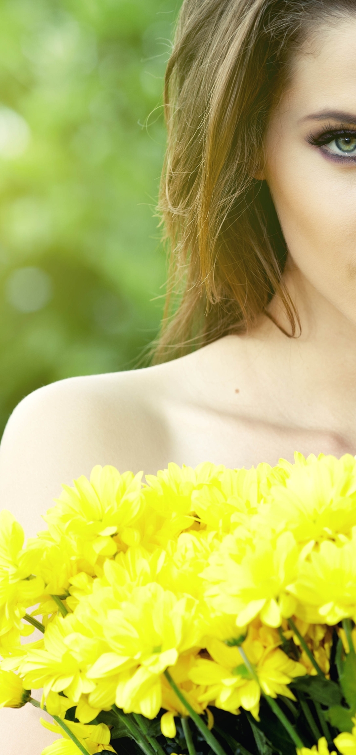 Image: Girl, look, eyes, lips, long hair, flowers, chrysanthemum