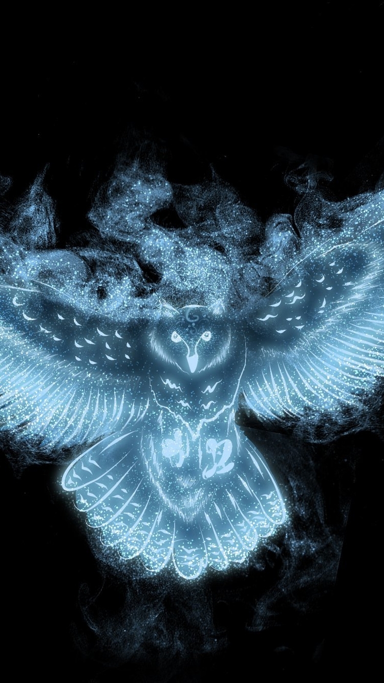 Image: Owl, wings, black background, particles
