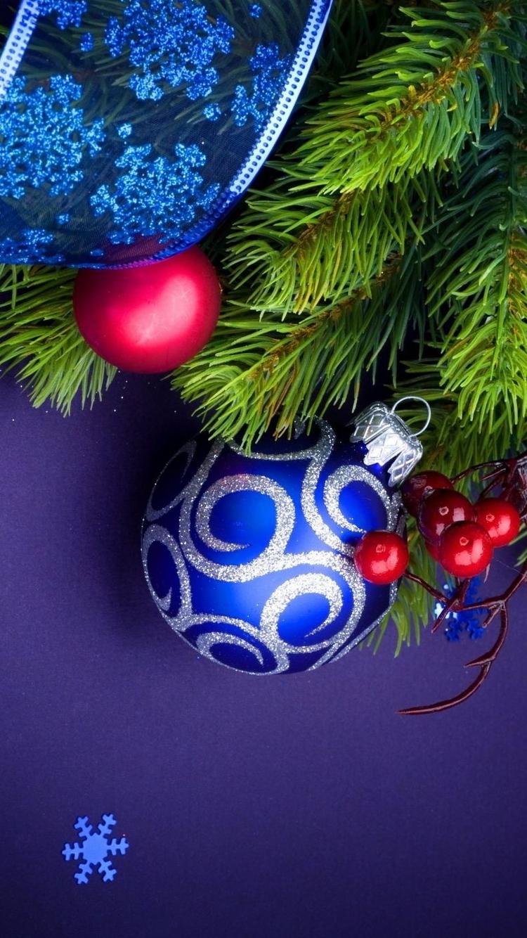 Image: Balls, toys, decorations, ribbon, tree, branches, snowflakes
