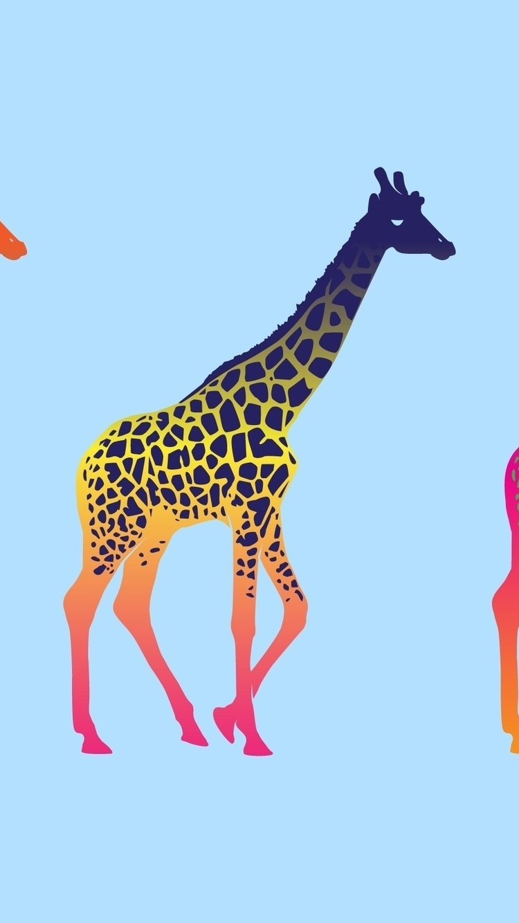 Картинка: Жирафы, трое, пятна, животные, цвет, фон, стиль, поп-арт