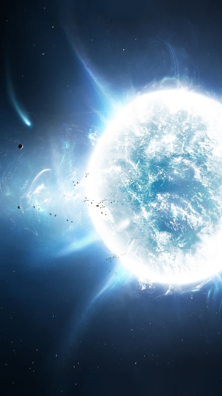 Image: Space, star, blue plasma, rays, light, planet, star system