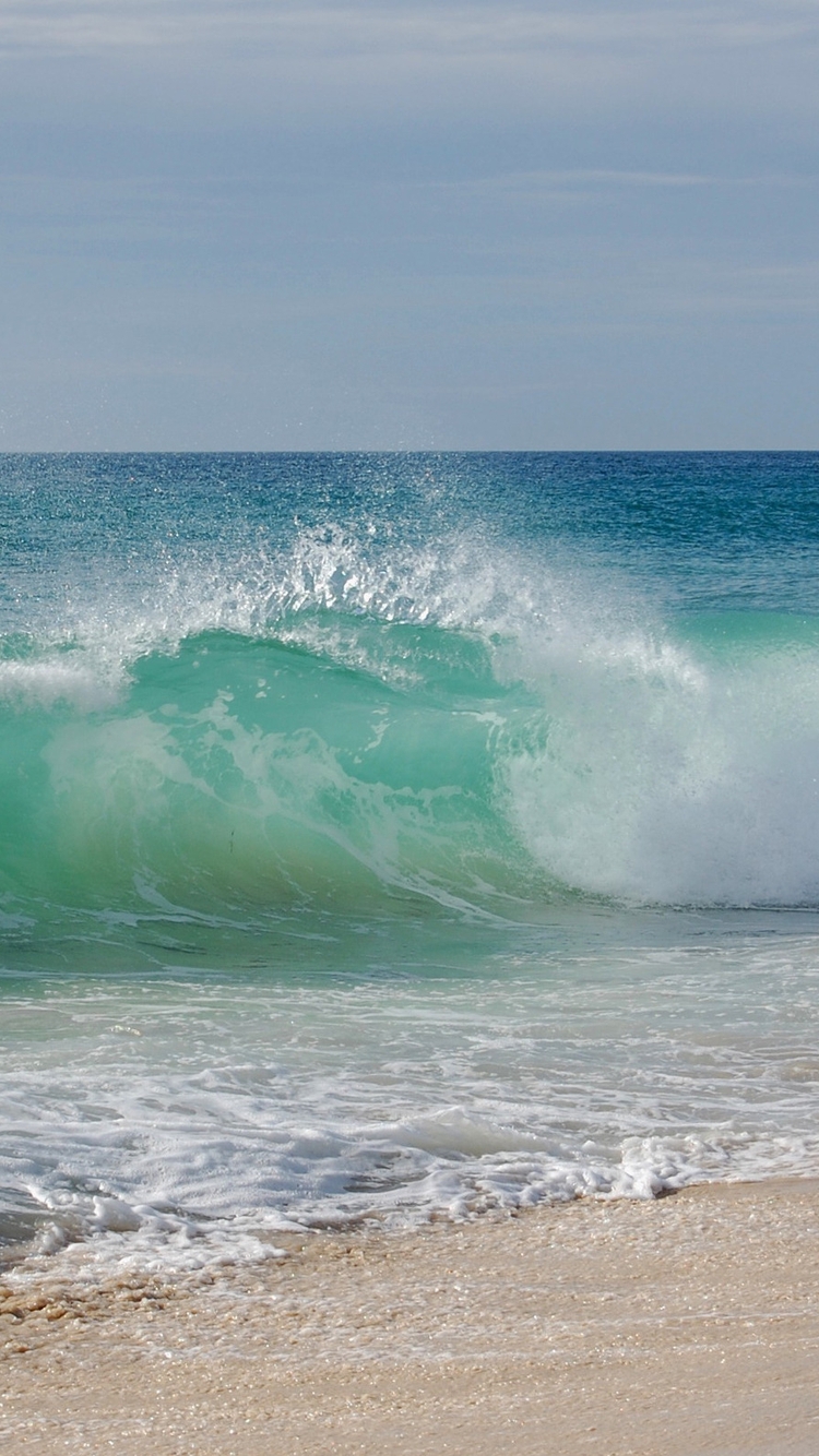 Image: Sea, ocean, water, waves, spray, foam, beach, sand, land, sky, horizon