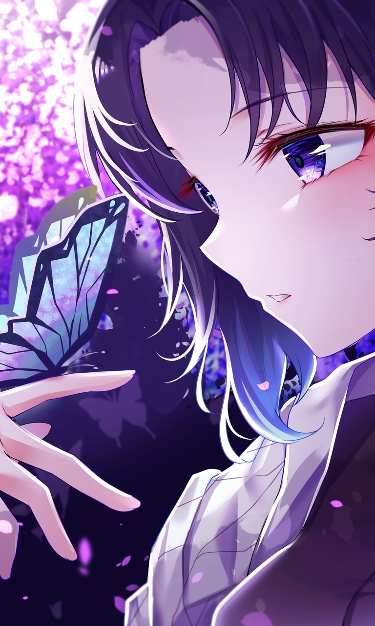 Image: Girl, butterfly, eyes, color, petals