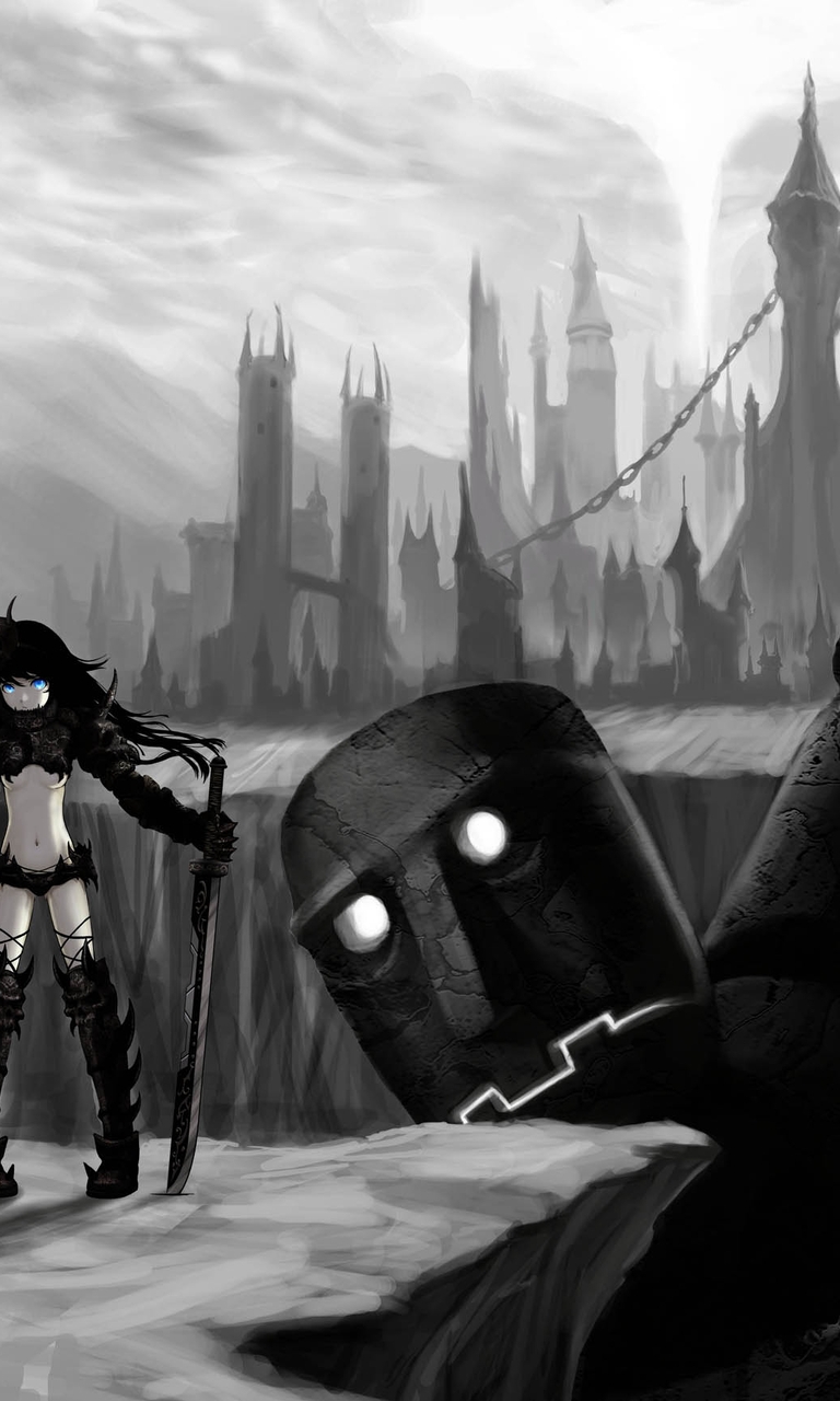 Image: Warrior, mecnica, sword, dark, robot, pit, town