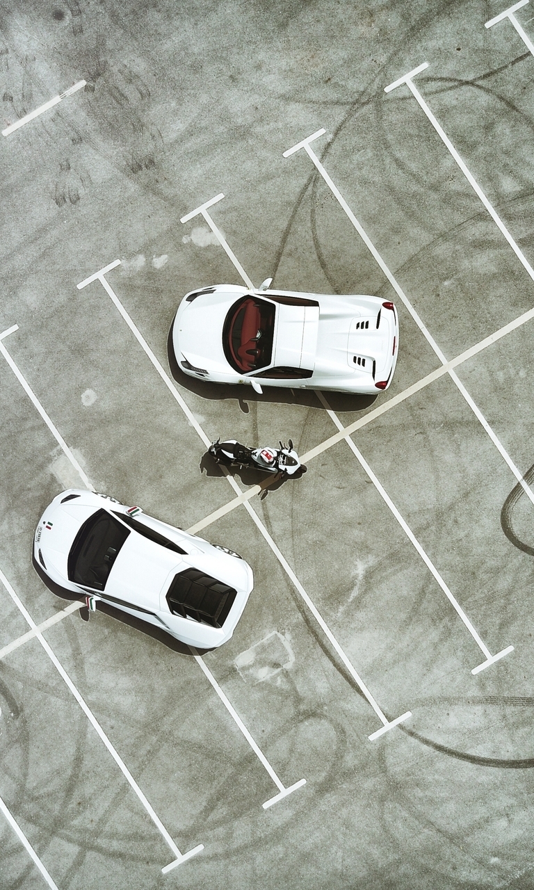 Image: Car, motorcycle, parking, top view, white, tire tracks