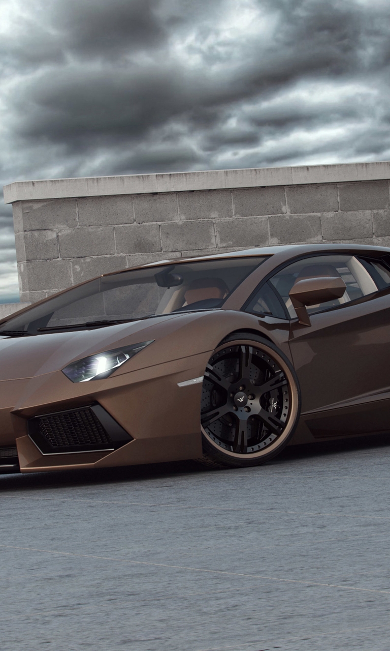 Картинка: Lamborghini, Aventador, коричневый, огни, тучи, стена