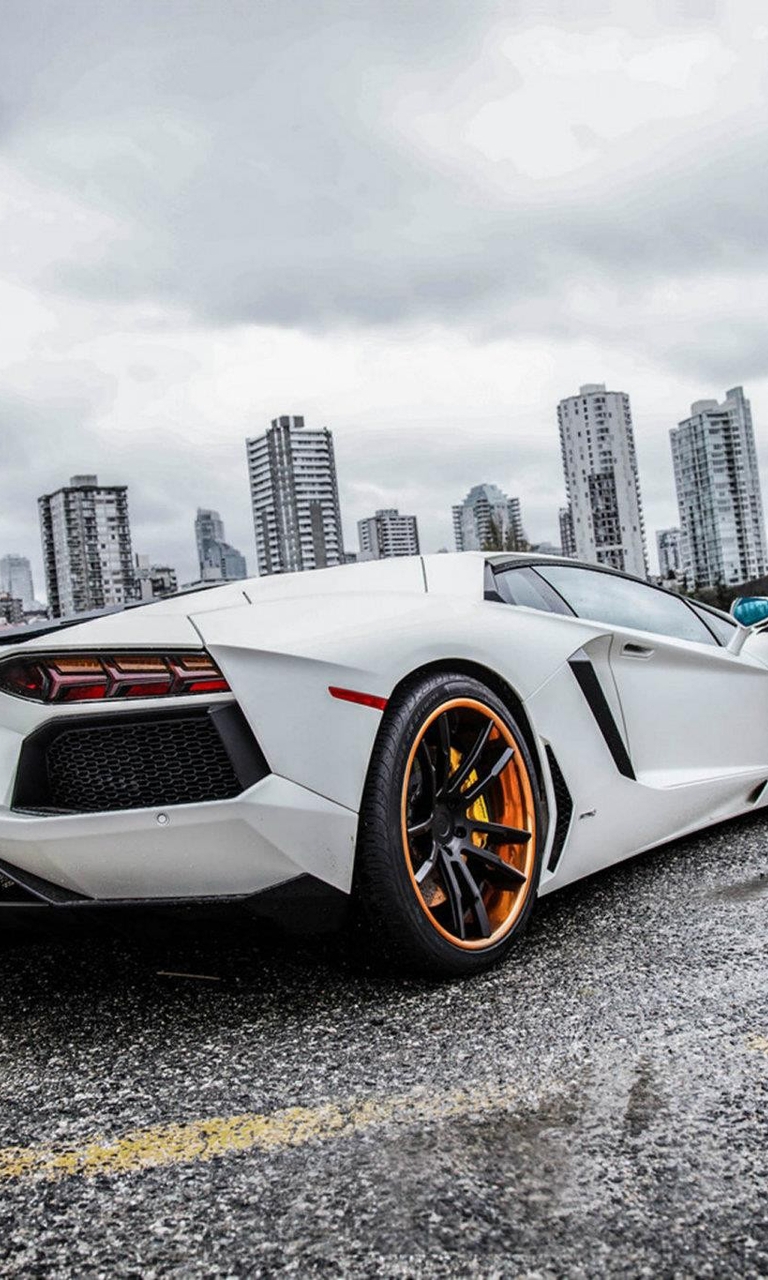 Image: Supercar, Lamborghini, Aventador, wheels, white, sky, city