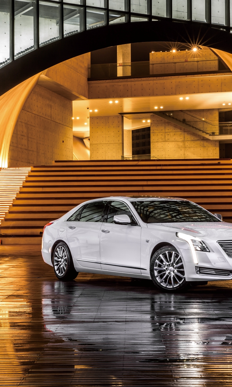 Картинка: Cadillac, CT6, авто, белый, white, здание, ступеньки, свет, отражение, освещение