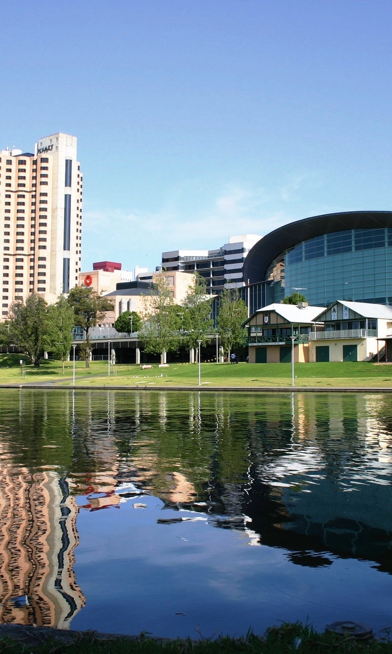Картинка: Аделаида, Австралия, Adelaide, Australia, здания, набережная, река, лебеди