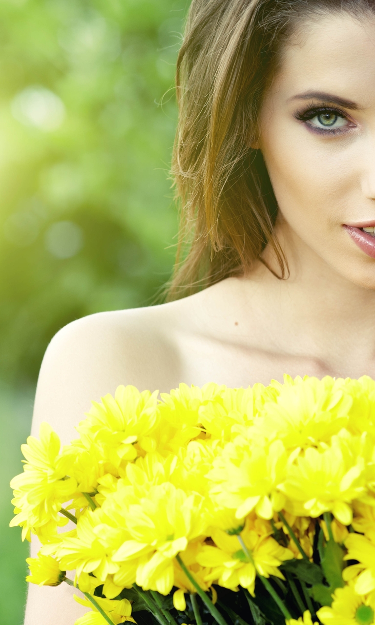 Image: Girl, look, eyes, lips, long hair, flowers, chrysanthemum