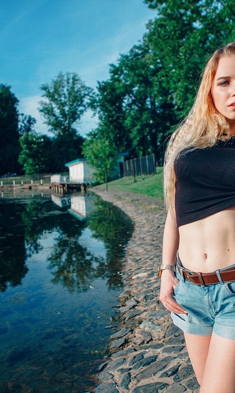 Image: girl, blonde, river, water, waterfront, summer