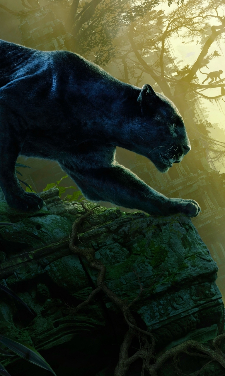 Картинка: Книга джунглей, Jungle Book, Маугли, ребёнок, Багира, чёрная пантера, хищник, кошка, руины
