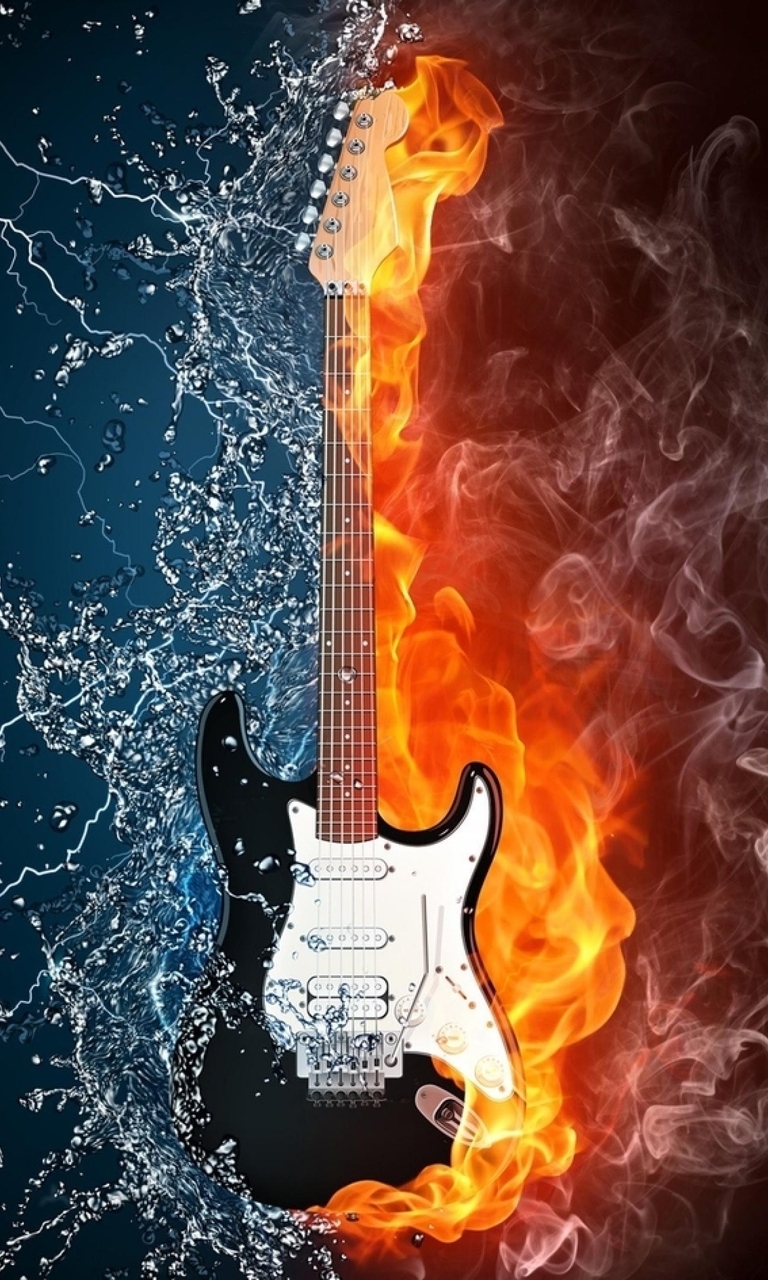 Image: Guitar, fire, flame, water, lightning, splashes, smoke