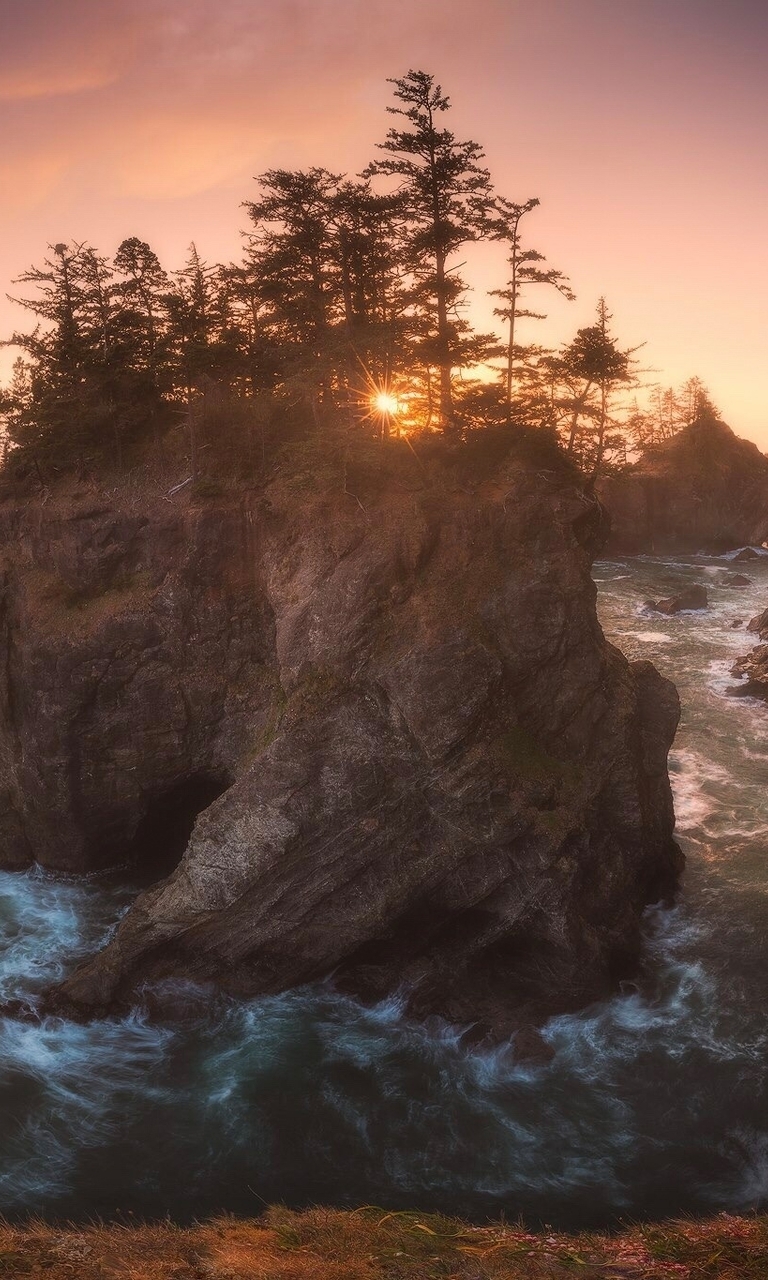 Image: nature, sea, rocks, surf, wave, sunset