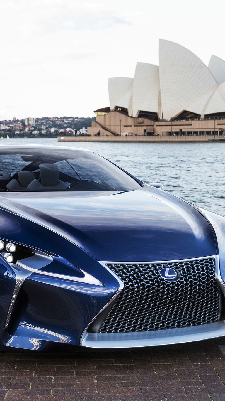Картинка: Lexus, Лексус, синий, фары, колёса, стоит, театр, Сидней, Австралия, река, вода, небо
