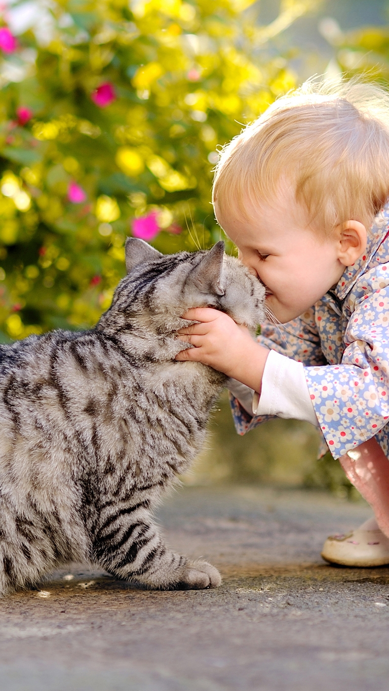 Image: Little girl, child, cat, kiss, caress
