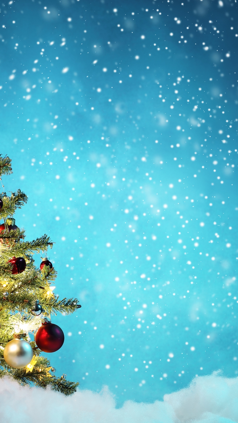 Картинка: Ёлка, праздник, новый год, украшения, звезда, шары, игрушки, снег, падает, зима