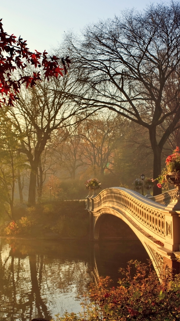 Image: Park, river, water, bridge, lamppost, flowerpots, autumn, trees, leaves