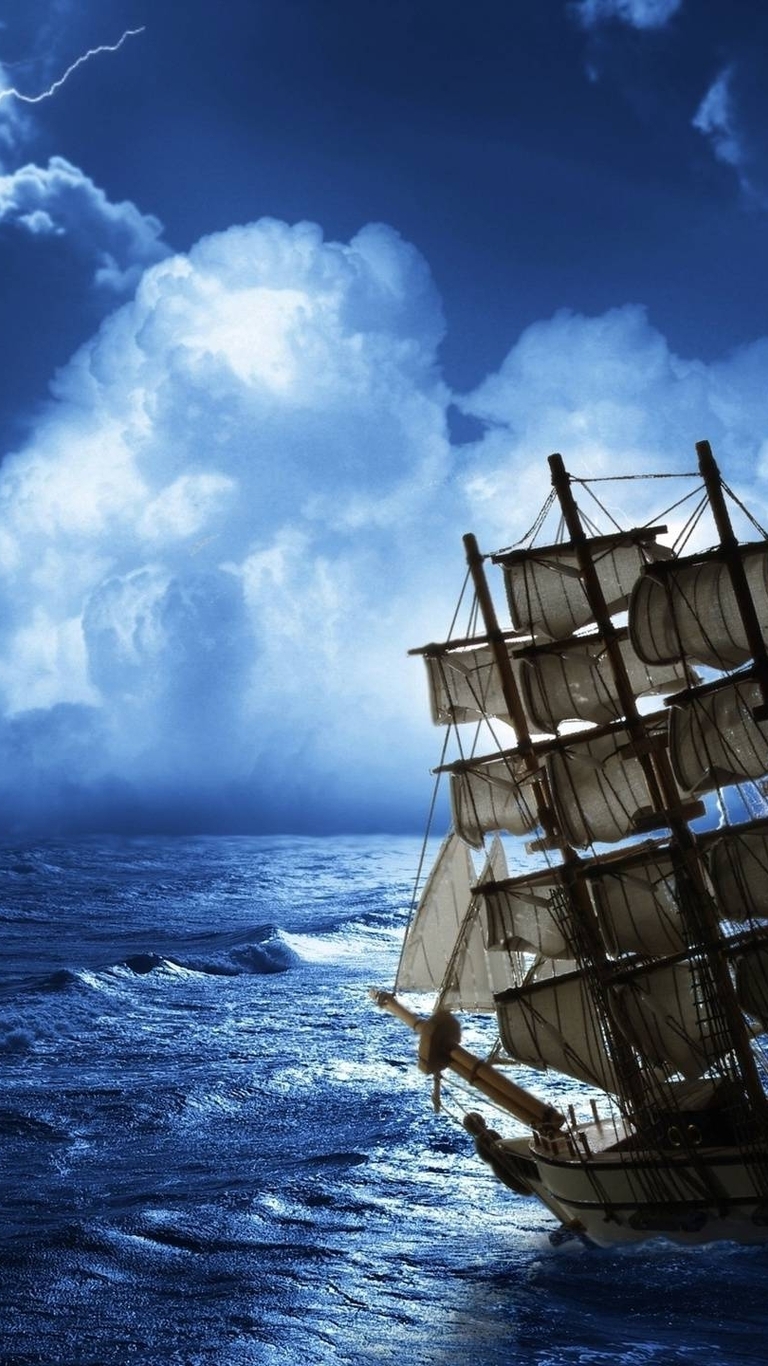 Image: Ship, sailboat, sails, mast, waves, water, sea, ocean, sky, clouds, lightning, storm