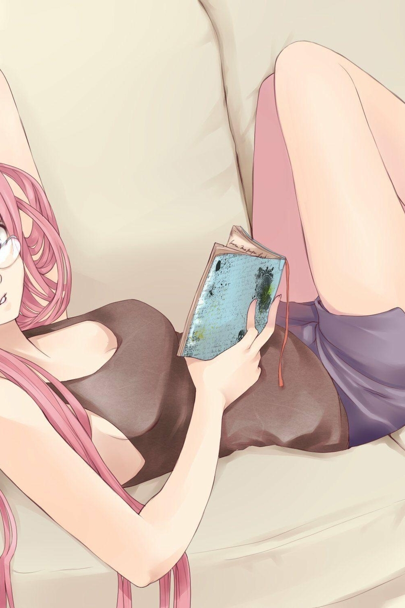 Image: Girl, hair, lying, book, glance, glasses, legs
