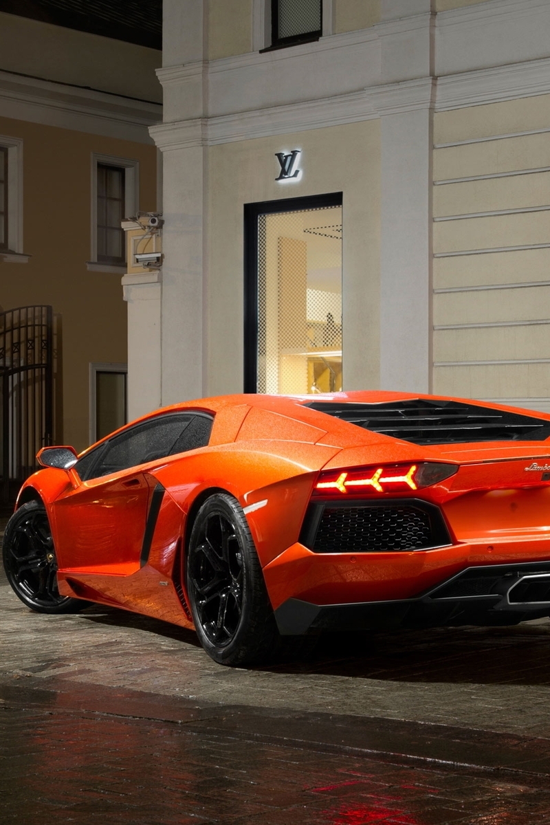 Image: Supercar, orange, Lamborghini, Aventador, lp700 4, roadster, pavement, road, wet, buildings, lights, shops, night