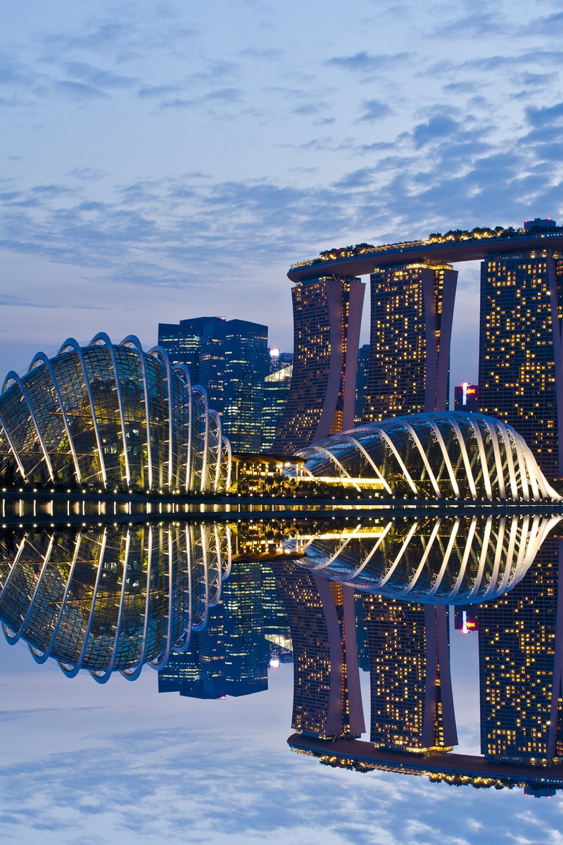 Картинка: Сингапур, Marina Bay Sands, отель, Hotel, здания, архитектура, достопримечательность, вода, отражение, небо, вечер
