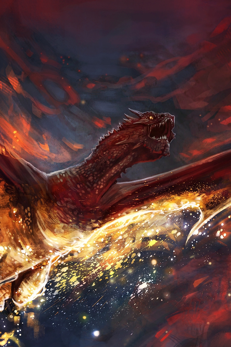 Картинка: Красный, крылатый, дракон, летит, горит, арт, огонь, пламенный