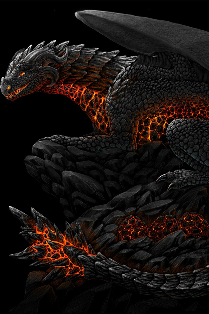 Image: Dragon, fire-breathing, black, wings, tail, lights