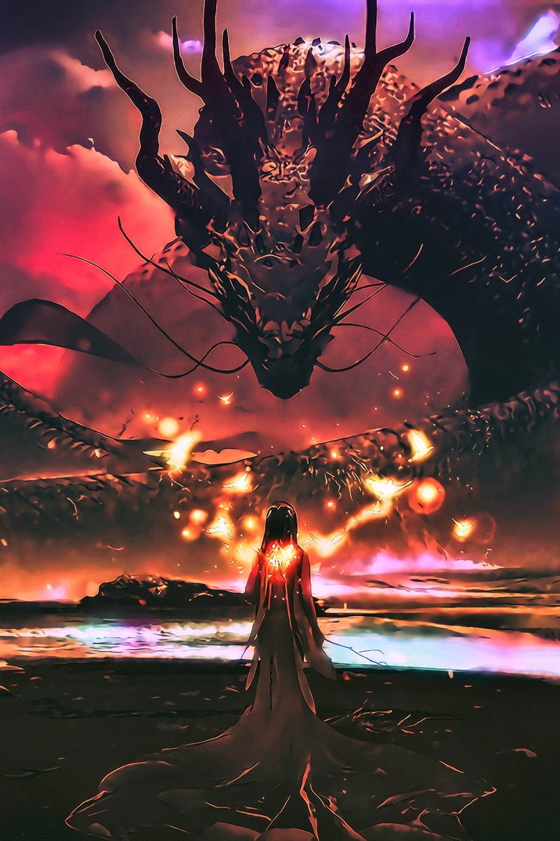 Картинка: Дракон, змей, девушка, огни, вода