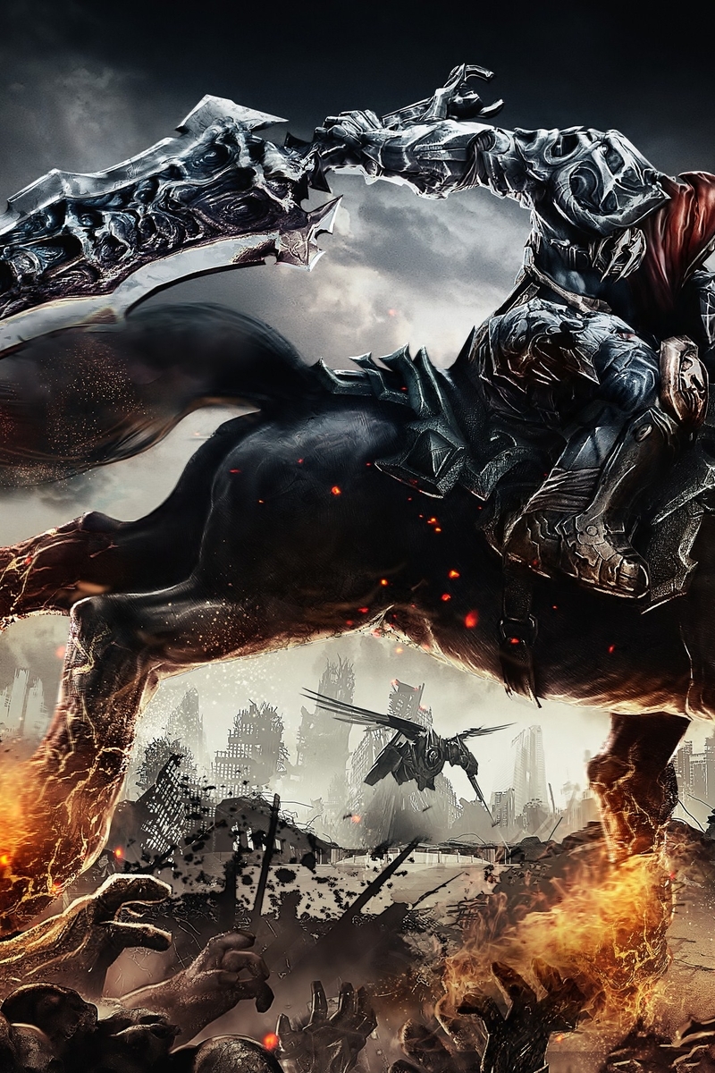Картинка: Darksiders, Война, всадник, апокалипсис, меч, огромный, конь, лошадь, огонь, поле битвы