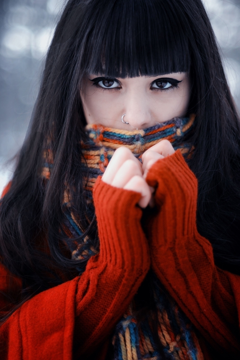 Image: Brunette, view, warm, hot, jacket, scarf, hair, piercings, winter