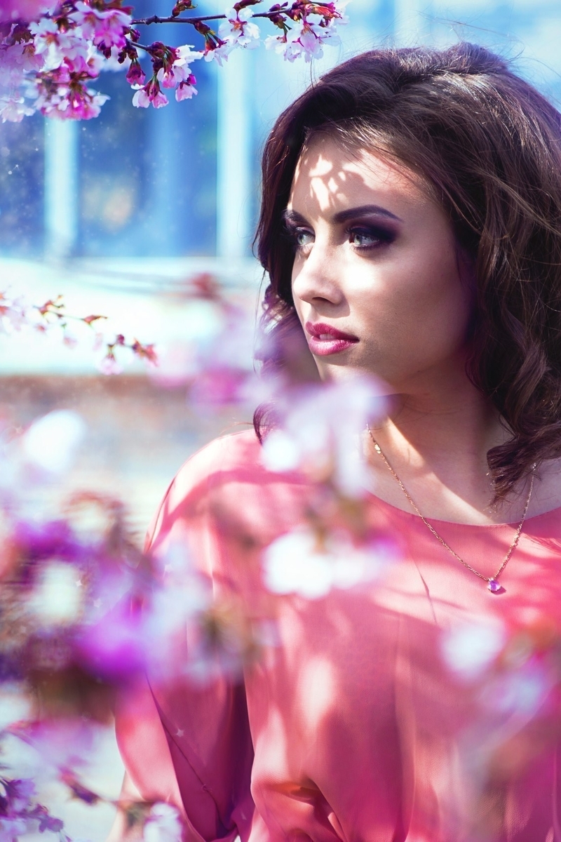 Image: Girl, curls, brunette, posing, model, spring, apple-tree, flowering