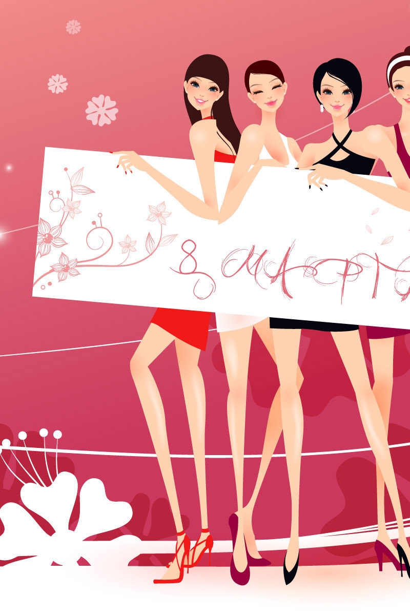 Картинка: Девушки, 8 марта, плакат, открытка, цветы