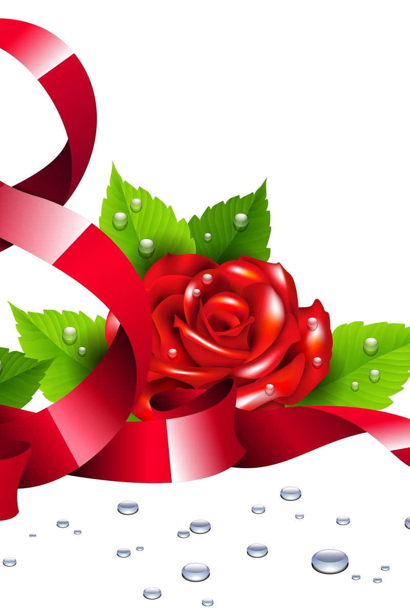 Image: 8 March, women's day, spring, roses, white background, ribbon, red