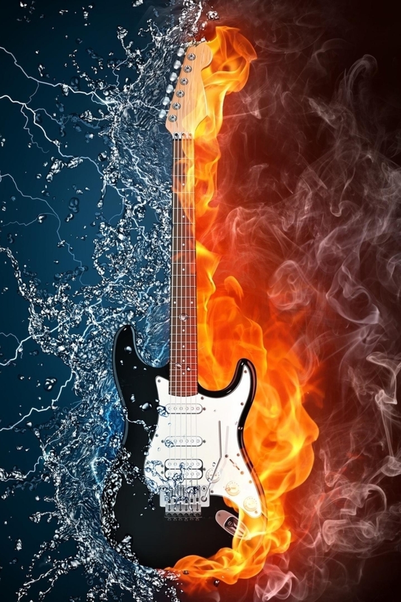 Картинка: Гитара, огонь, пламя, вода, молния, брызги, дым