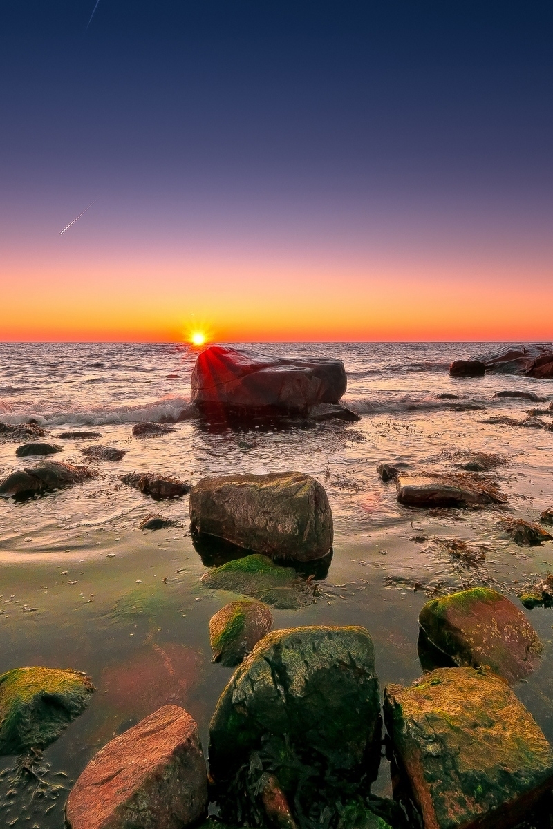 Image: Sea, shore, stones, sunset, horizon, sun
