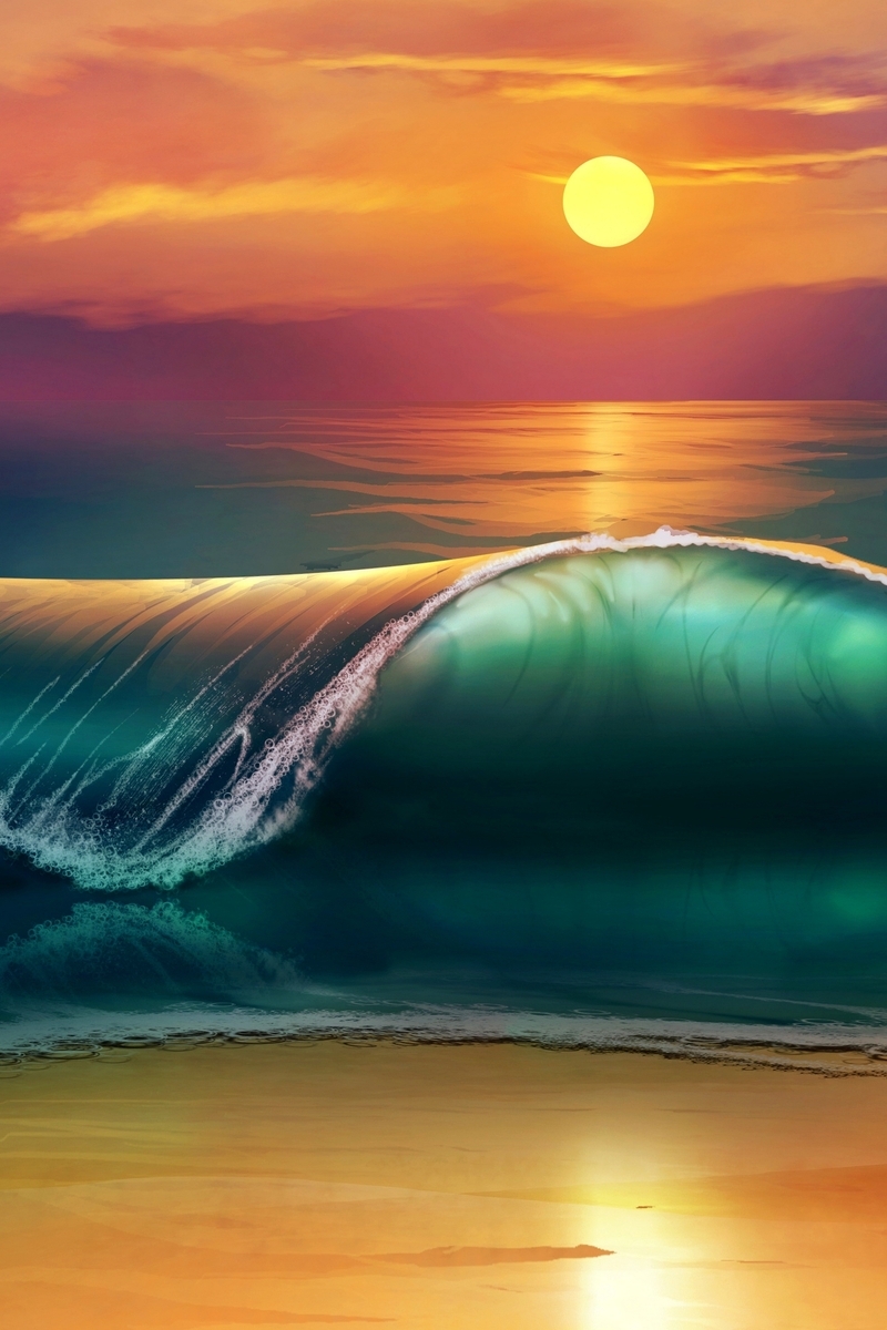 Image: Beach, sea, wave, sun, sky, sand, sunset
