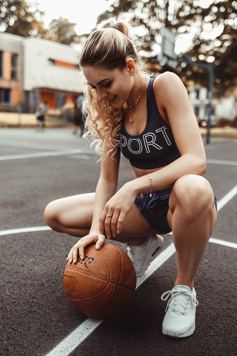 Картинка: Девушка, сидит, баскебол, мяч, спортсменка, корт, разметка, позирует