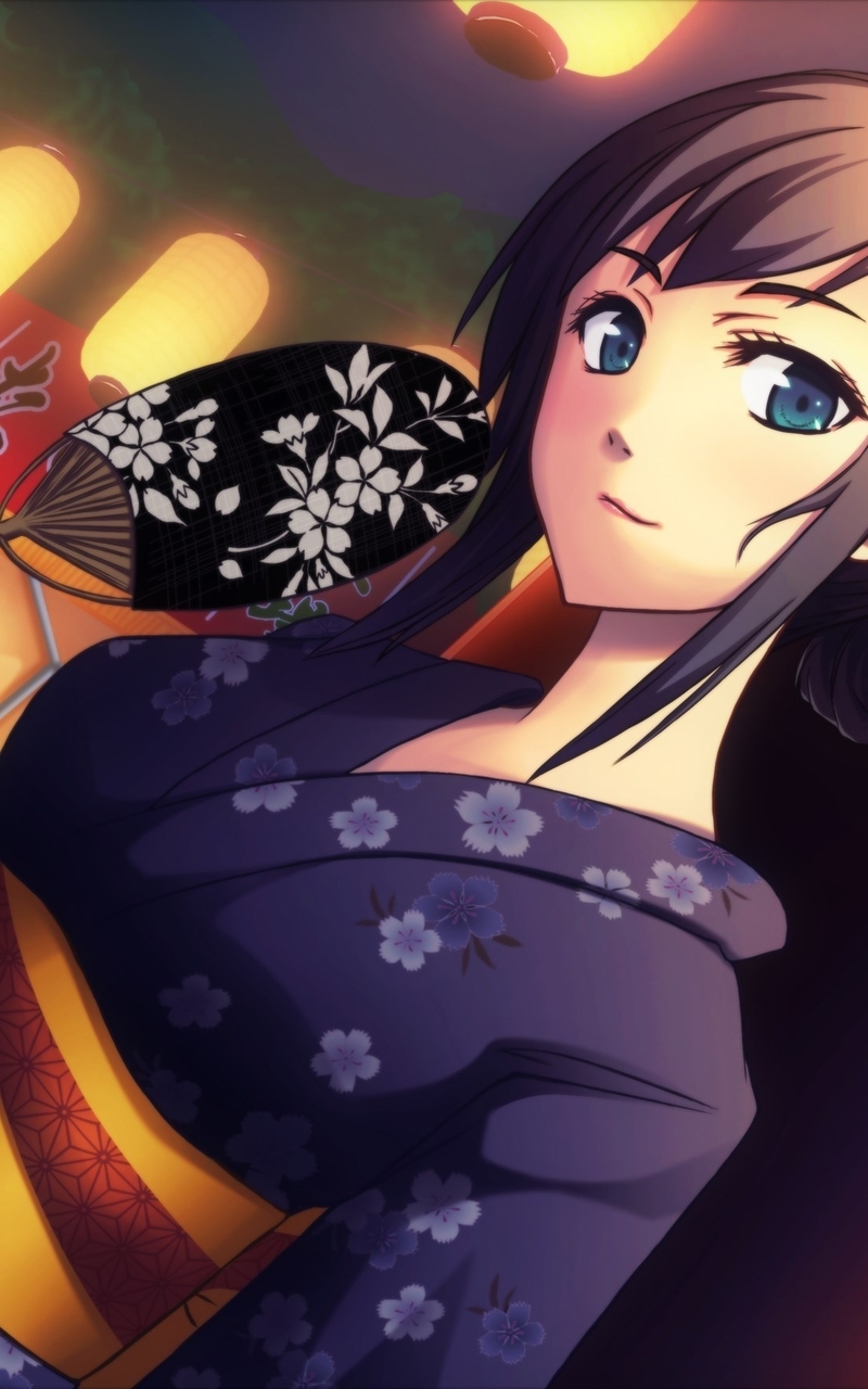 Image: Girl, Japanese girl, face, eyes, kimono, fan, characters