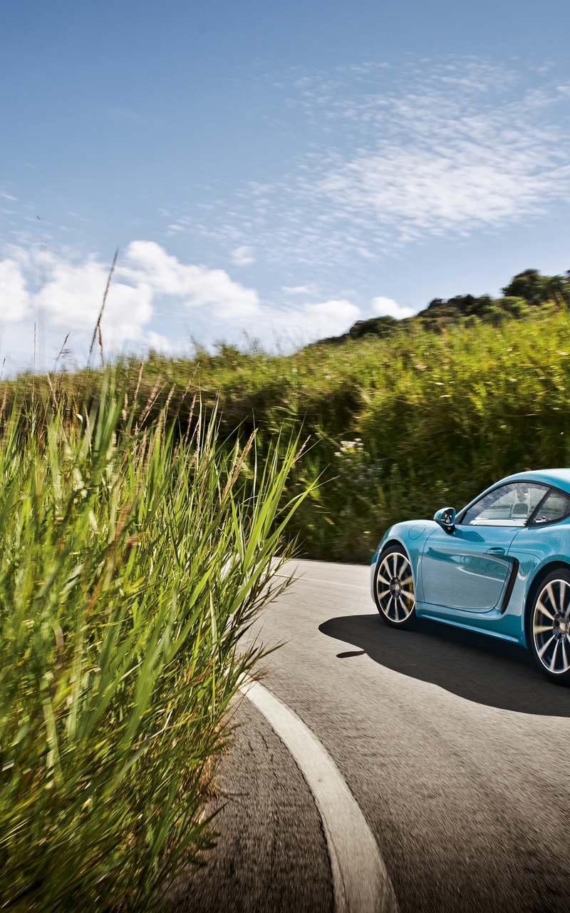 Image: Porsche 718 Cayman, blue, car, highway, road, pavement, grass, sky