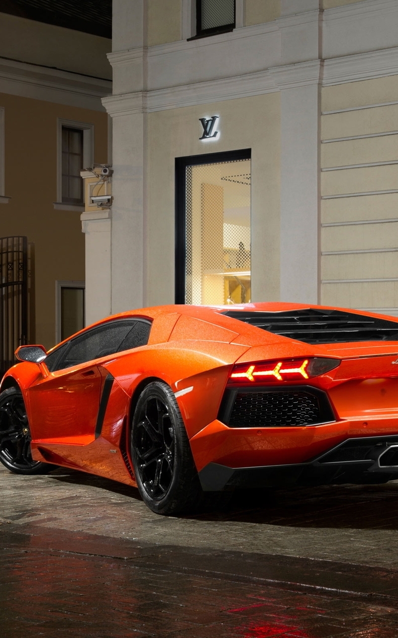 Image: Supercar, orange, Lamborghini, Aventador, lp700 4, roadster, pavement, road, wet, buildings, lights, shops, night