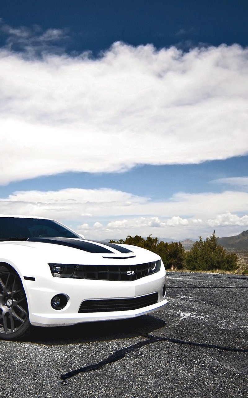 Image: Chevrolet, Camaro, white, day, clouds, road, mountains, nature